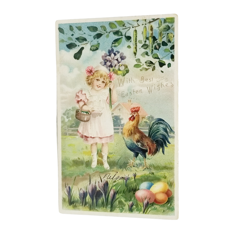 Easter Postcard Little Girl w/ Flowers & Painted Eggs and Rooster Tuck Publishing