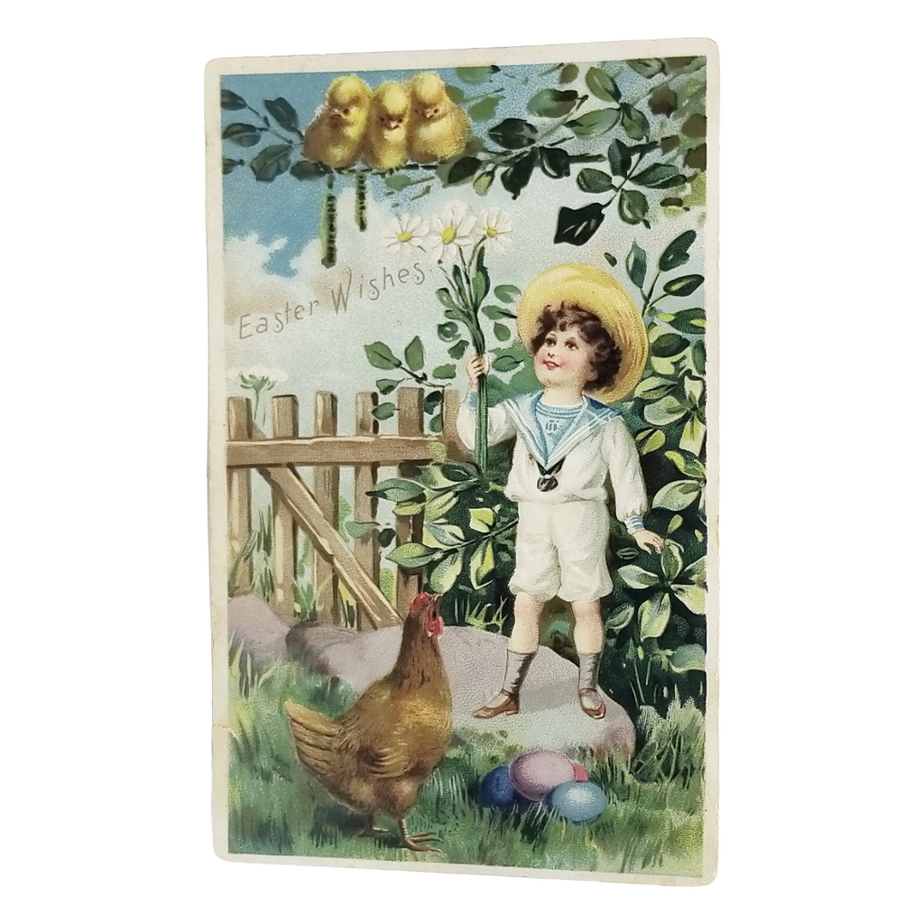 Easter Postcard Boy in Sailor Suit w/ Flowers & Painted Eggs and Rooster Tuck Publishing
