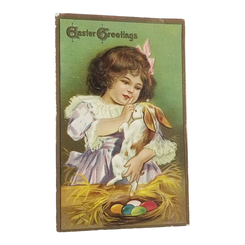 Easter Postcard Little Girl Holding Bunny Rabbit with Painted Egg Basket Winsch Publishing