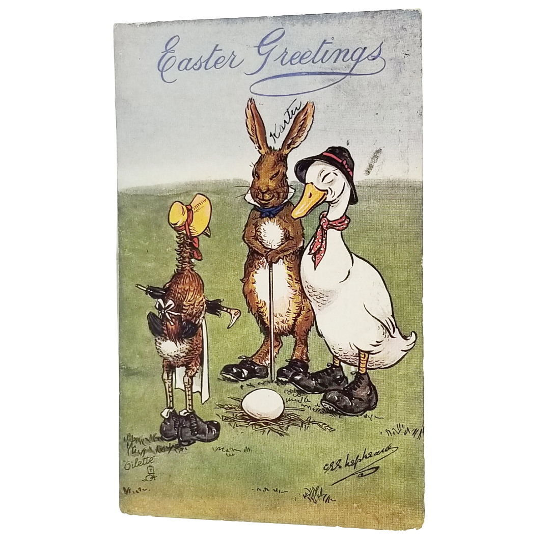 Easter Postcard Artist Shepheard Anthropomorphic Duck Rabbit & Chicken Tuck Oilette