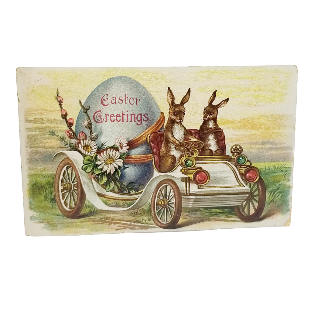 Easter Postcard Anthropomorphic Bunny Rabbits Driving Car With Giant Egg