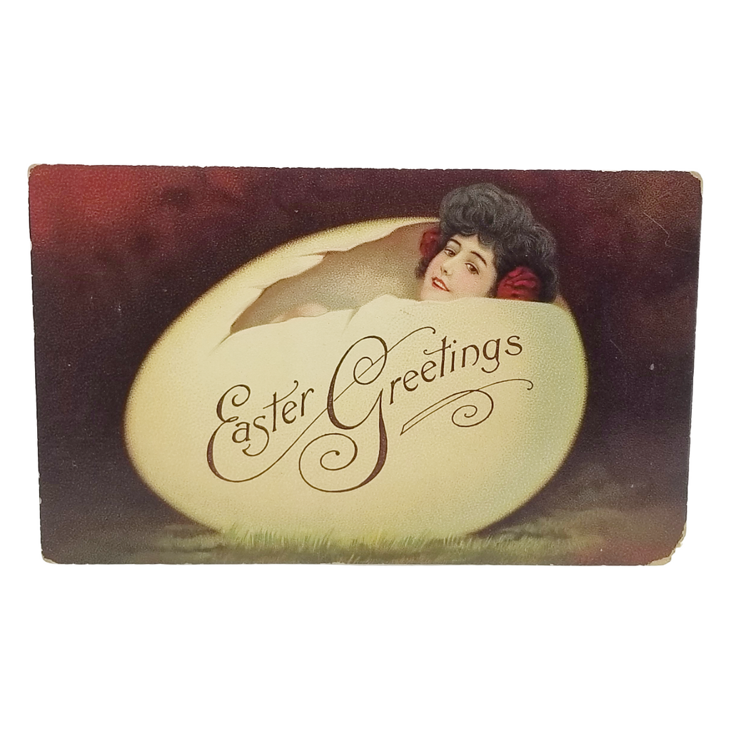 Easter Postcard Art Nouveau Glamour Girl Woman in Giant Egg