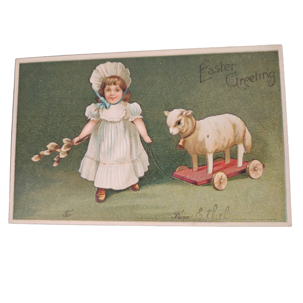 Easter Postcard Little Girl Holding Willows Pulling Lamb Toy