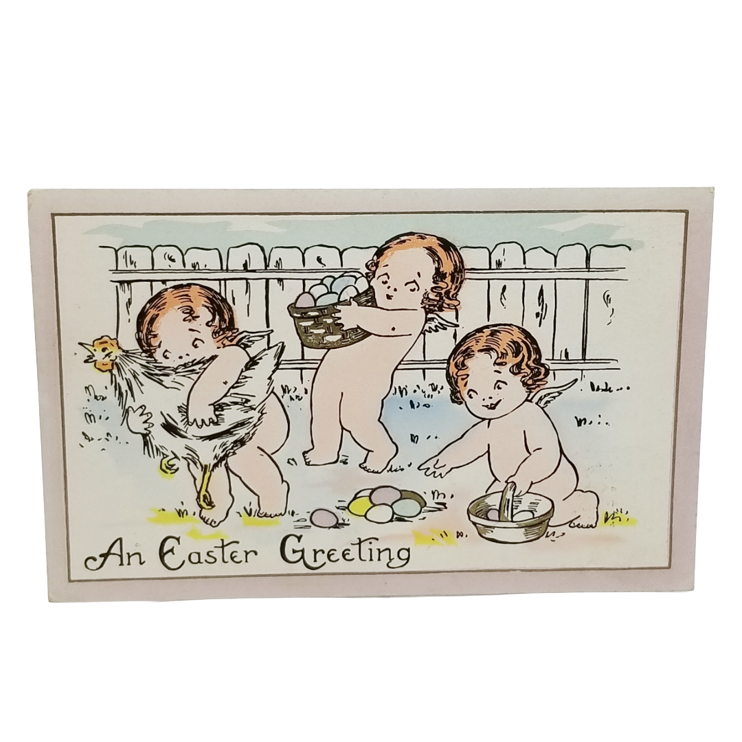 Easter Postcard Cherub Angels Stealing Eggs & Hen Comical Cartoon Card
