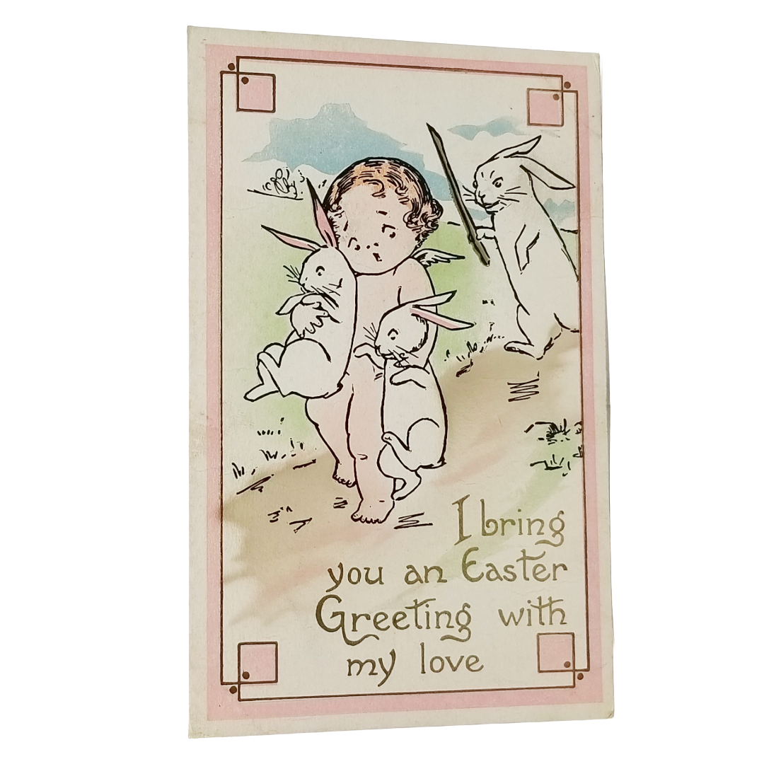 Easter Postcard Cherub Angel Stealing Bunny Rabbits Comical Cartoon Card