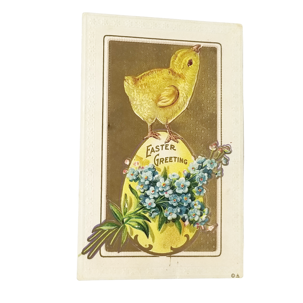 Easter Postcard Baby Chick on Yellow Egg with Blue Flowers Gold Embossed