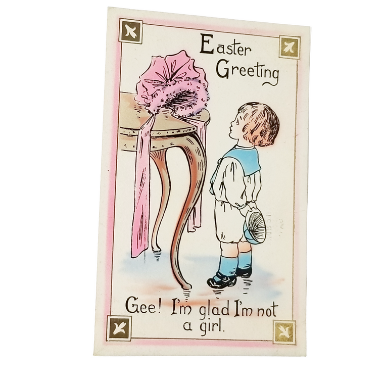 Easter Postcard Boy Glad He's Not a Girl Staring at Frilly Pink Bonnet Comical Cartoon Card