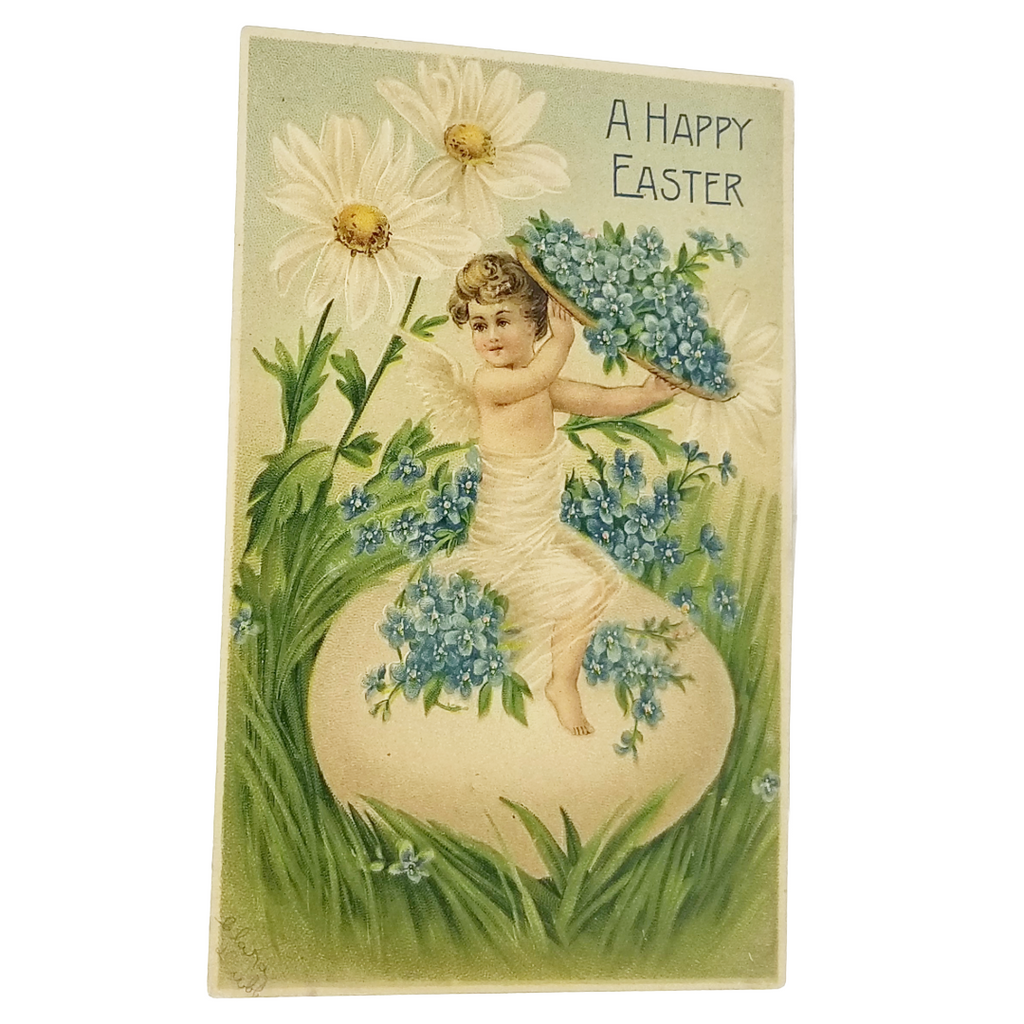 Easter Postcard Art Nouveau Cherub Angel on Egg with Flowers Series 307