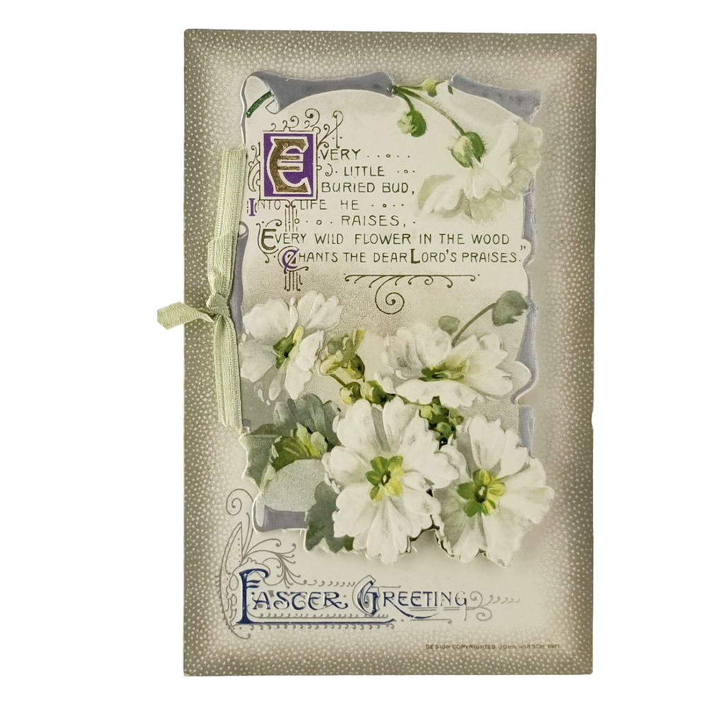 Easter Postcard Attached Mechanical Poem Booklet White Flower Front Winsch Publishing