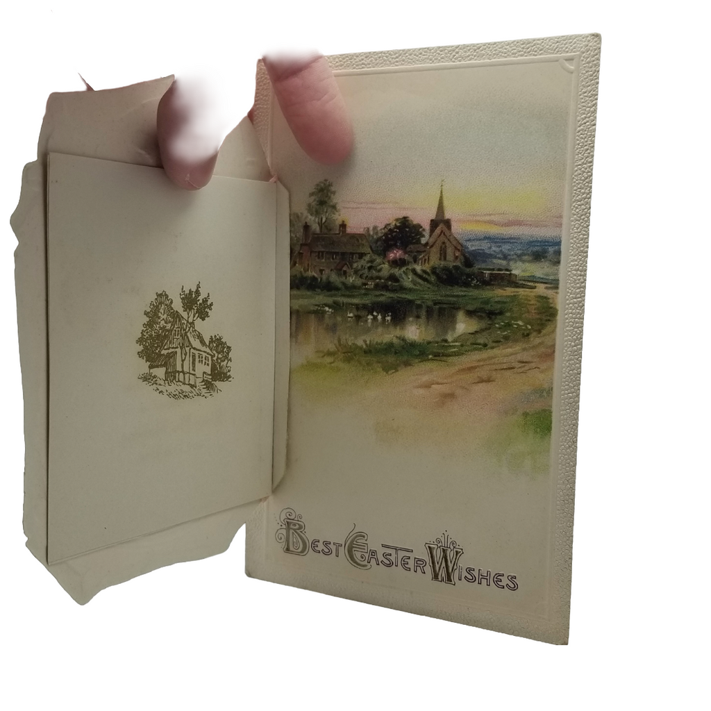 Easter Postcard Attached Mechanical Poem Booklet Flowers & Landscape Winsch Publishing