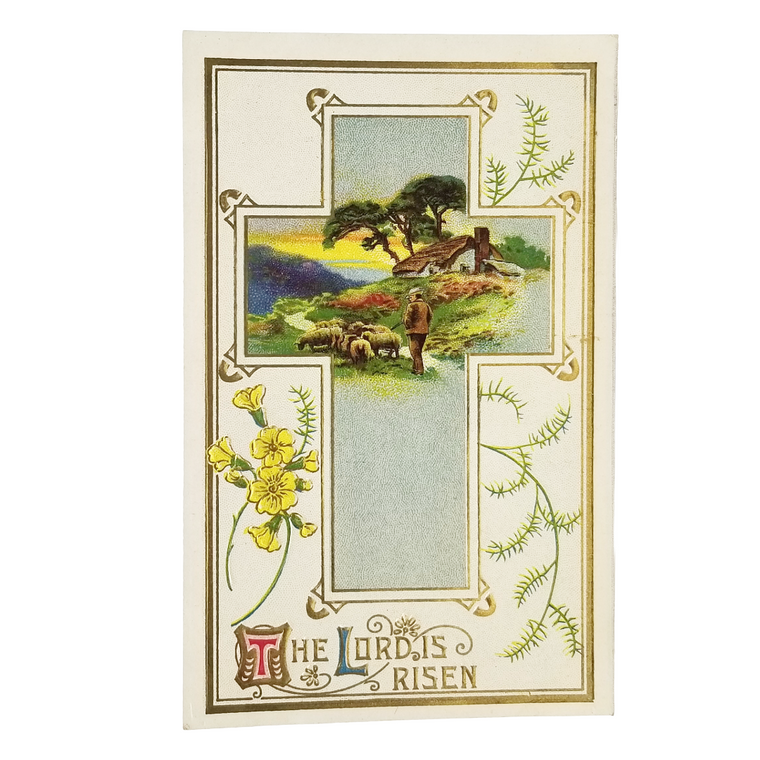 Easter Postcard Landscape with Silver Cross Sheep and Herder