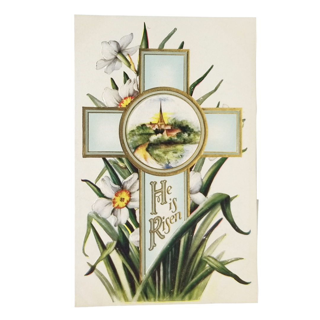 Easter Postcard Church Landscape White Daffodils in Cross