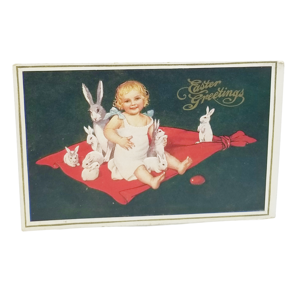 Easter Postcard Toddler Playing on Blanket Covered in Bunny Rabbits & Painted Eggs