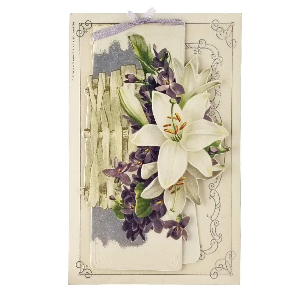Easter Postcard Attached Mechanical Poem Booklet Lilies & Violets Winsch Publishing