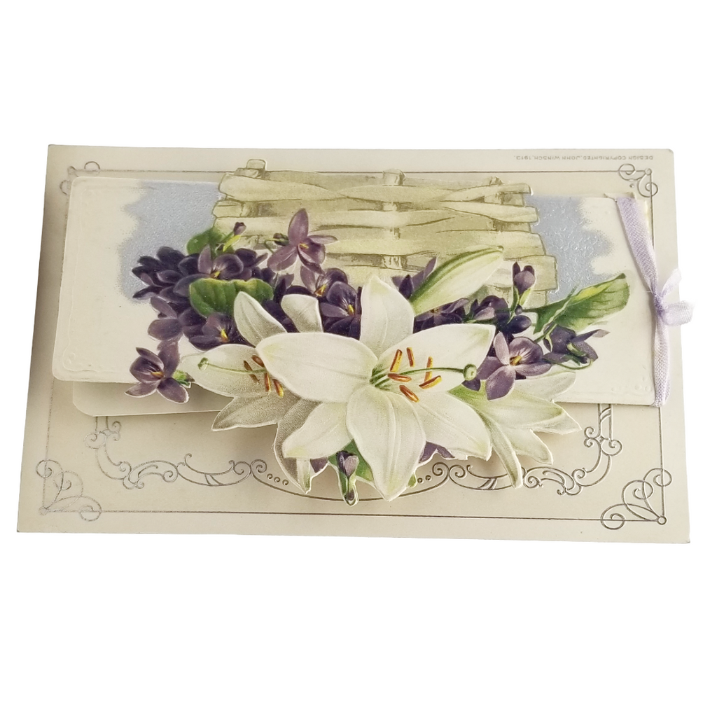 Easter Postcard Attached Mechanical Poem Booklet Lilies & Violets Winsch Publishing