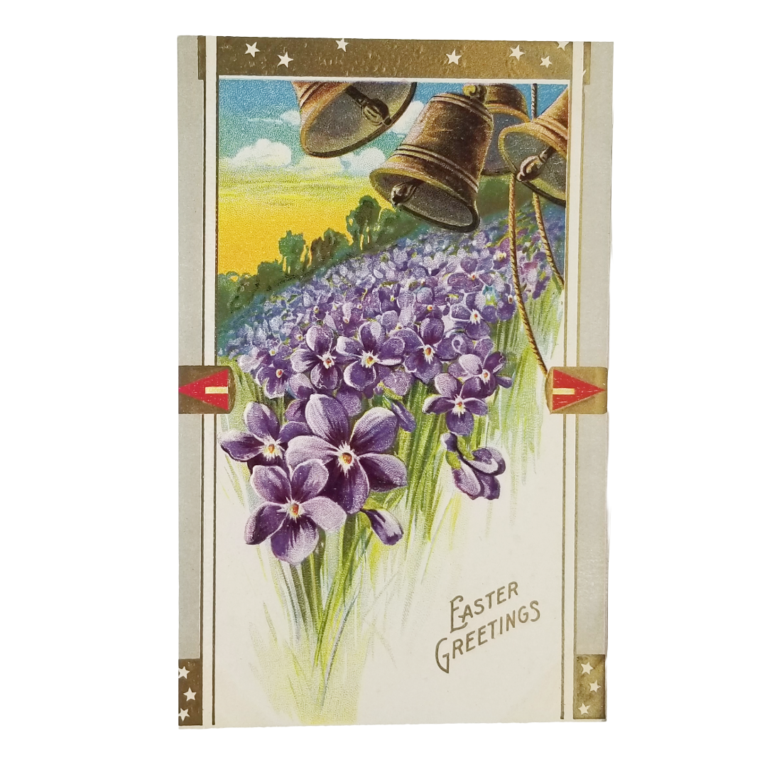 Easter Postcard Field of Violets Embossed Gold with Bells
