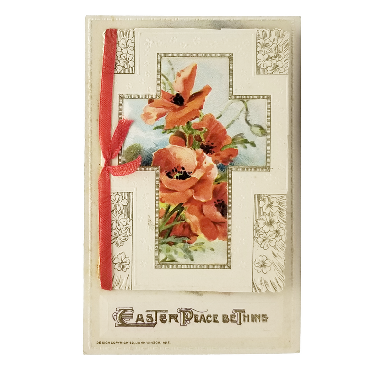 Easter Postcard Attached Mechanical Poem Booklet Poppies & Landscape Winsch Publishing