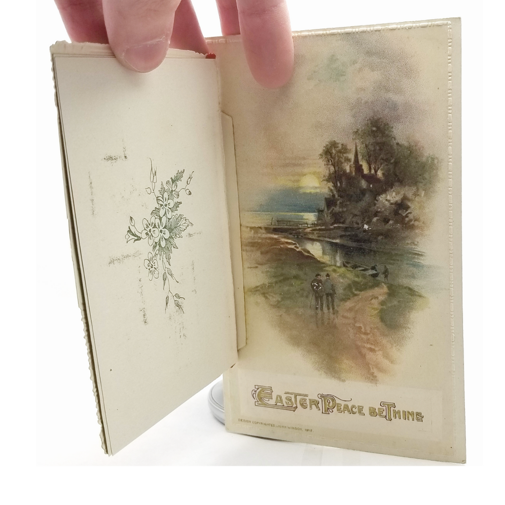 Easter Postcard Attached Mechanical Poem Booklet Poppies & Landscape Winsch Publishing