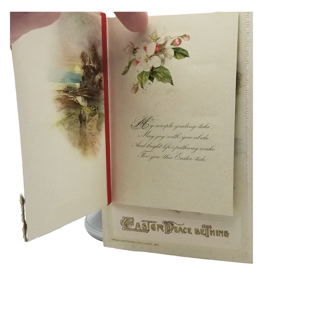 Easter Postcard Attached Mechanical Poem Booklet Poppies & Landscape Winsch Publishing