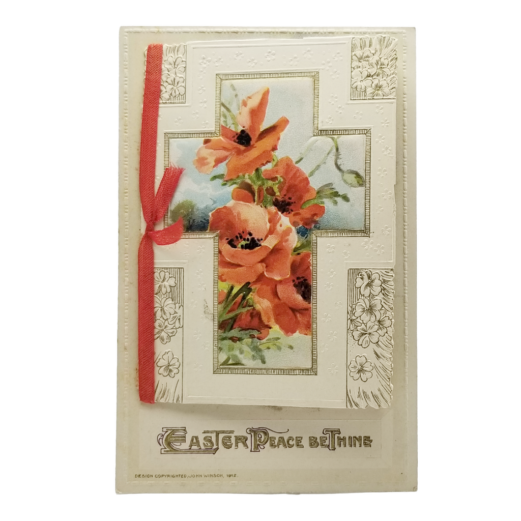 Easter Postcard Attached Mechanical Poem Booklet Poppies & Landscape Winsch Publishing