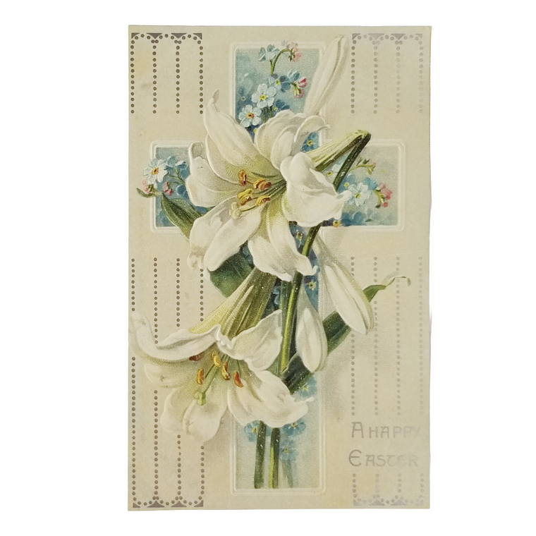 Easter Postcard Silver Embossed White Lilies w/ Cross & Blue Flowers