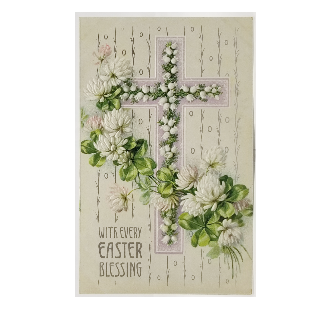 Easter Postcard White Flowers with Pink Cross Silver Embossed Card