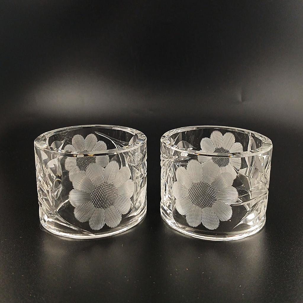 Vintage McKee Glass Co. Innovation 410 Cut Crystal Floral Napkin Rings - Set of 2