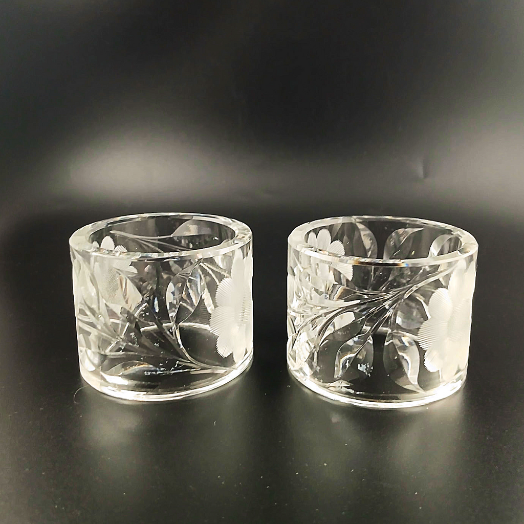 Vintage McKee Glass Co. Innovation 410 Cut Crystal Floral Napkin Rings - Set of 2