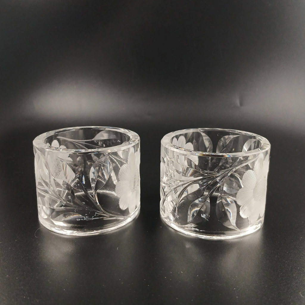 Vintage McKee Glass Co. Innovation 410 Cut Crystal Floral Napkin Rings - Set of 2