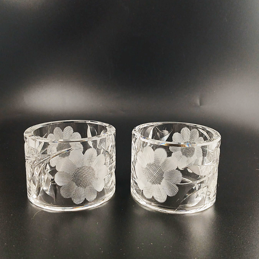 Vintage McKee Glass Co. Innovation 410 Cut Crystal Floral Napkin Rings - Set of 2