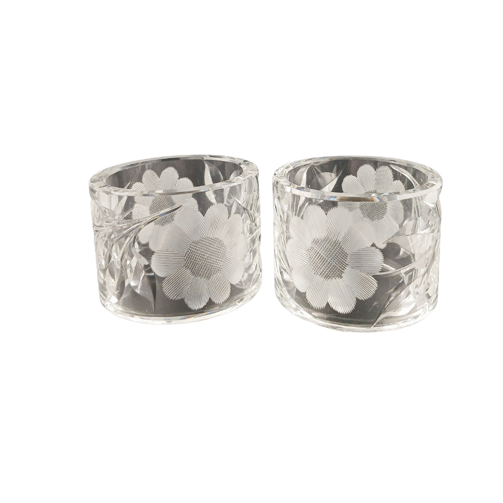 Vintage McKee Glass Co. Innovation 410 Cut Crystal Floral Napkin Rings - Set of 2