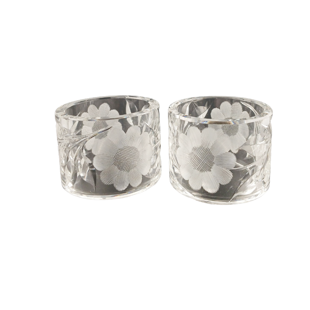Vintage McKee Glass Co. Innovation 410 Cut Crystal Floral Napkin Rings - Set of 2