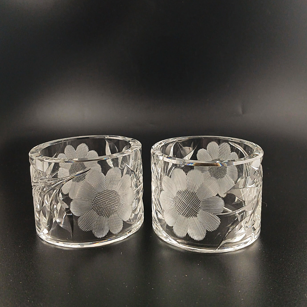 Vintage McKee Glass Co. Innovation 410 Cut Crystal Floral Napkin Rings - Set of 2