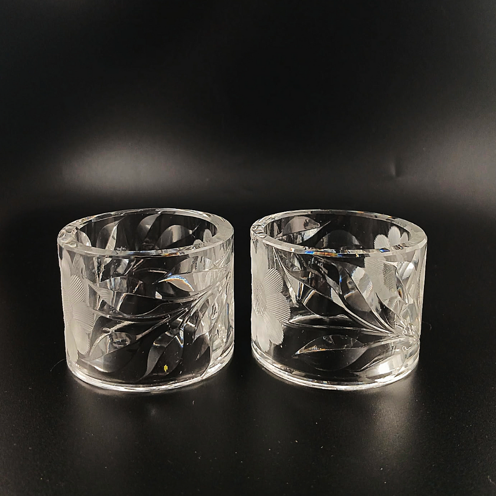 Vintage McKee Glass Co. Innovation 410 Cut Crystal Floral Napkin Rings - Set of 2