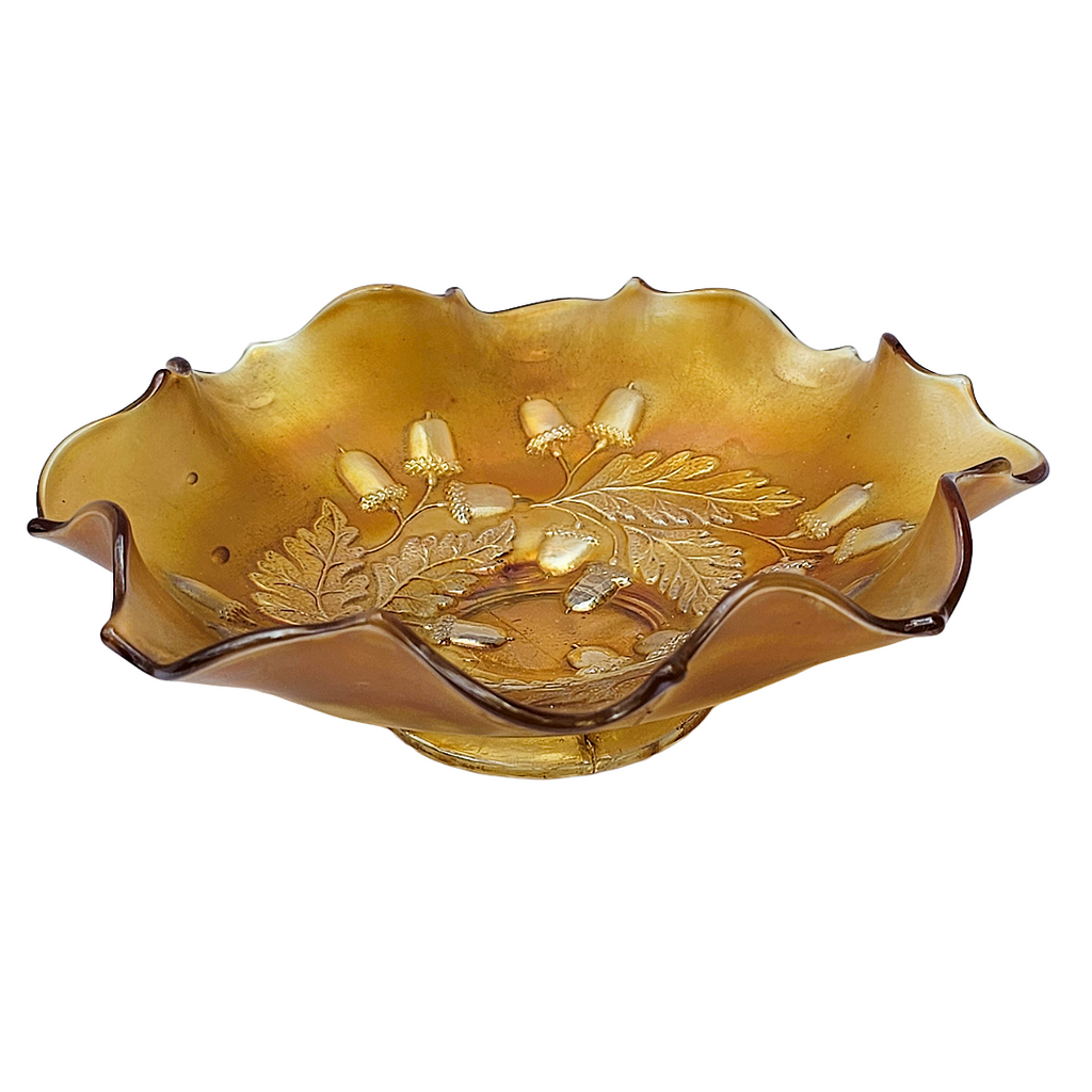 Antique Fenton Marigold Carnival Glass Bowl | 1920s Acorn and Oak Leaves Pattern Ruffle Dish