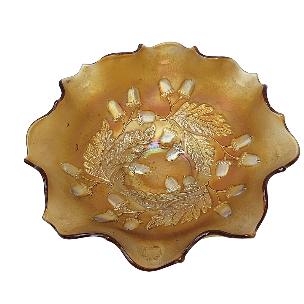 Antique Fenton Marigold Carnival Glass Bowl | 1920s Acorn and Oak Leaves Pattern Ruffle Dish