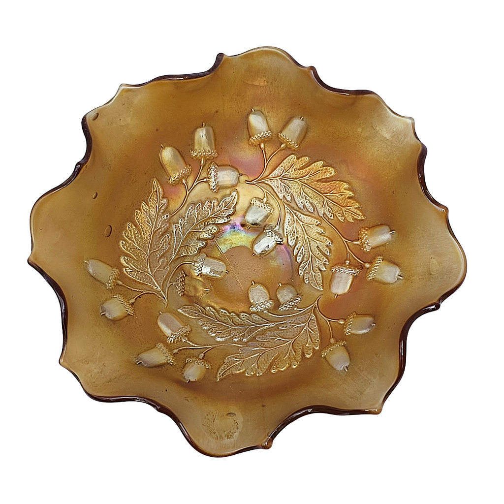 Antique Fenton Marigold Carnival Glass Bowl | 1920s Acorn and Oak Leaves Pattern Ruffle Dish