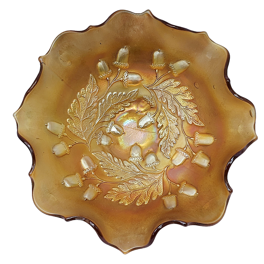 Antique Fenton Marigold Carnival Glass Bowl | 1920s Acorn and Oak Leaves Pattern Ruffle Dish