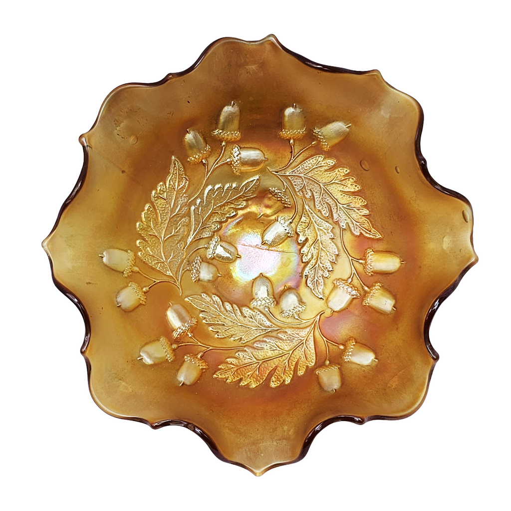 Antique Fenton Marigold Carnival Glass Bowl | 1920s Acorn and Oak Leaves Pattern Ruffle Dish