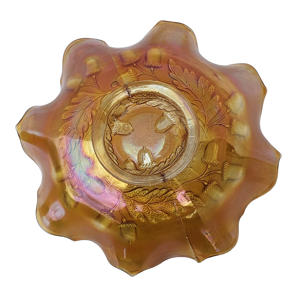 Antique Fenton Marigold Carnival Glass Bowl | 1920s Acorn and Oak Leaves Pattern Ruffle Dish