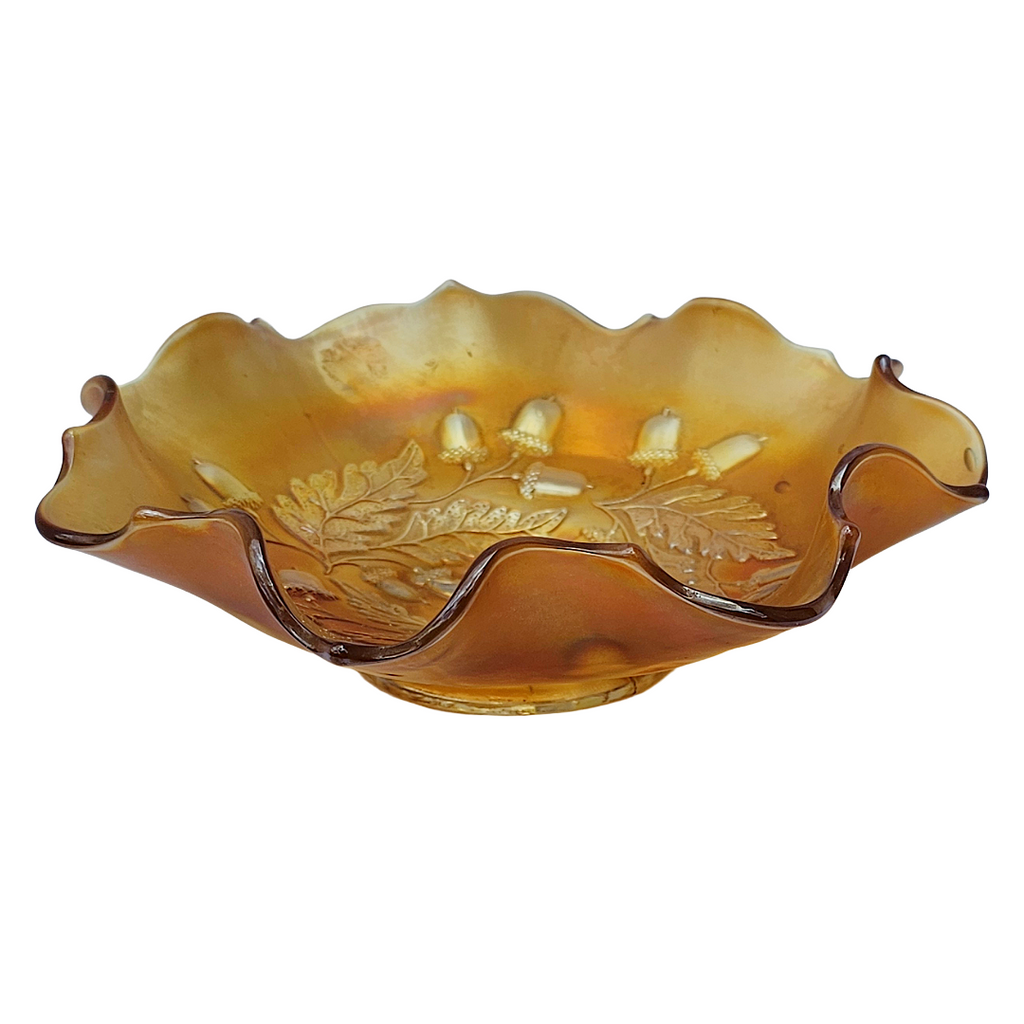 Antique Fenton Marigold Carnival Glass Bowl | 1920s Acorn and Oak Leaves Pattern Ruffle Dish