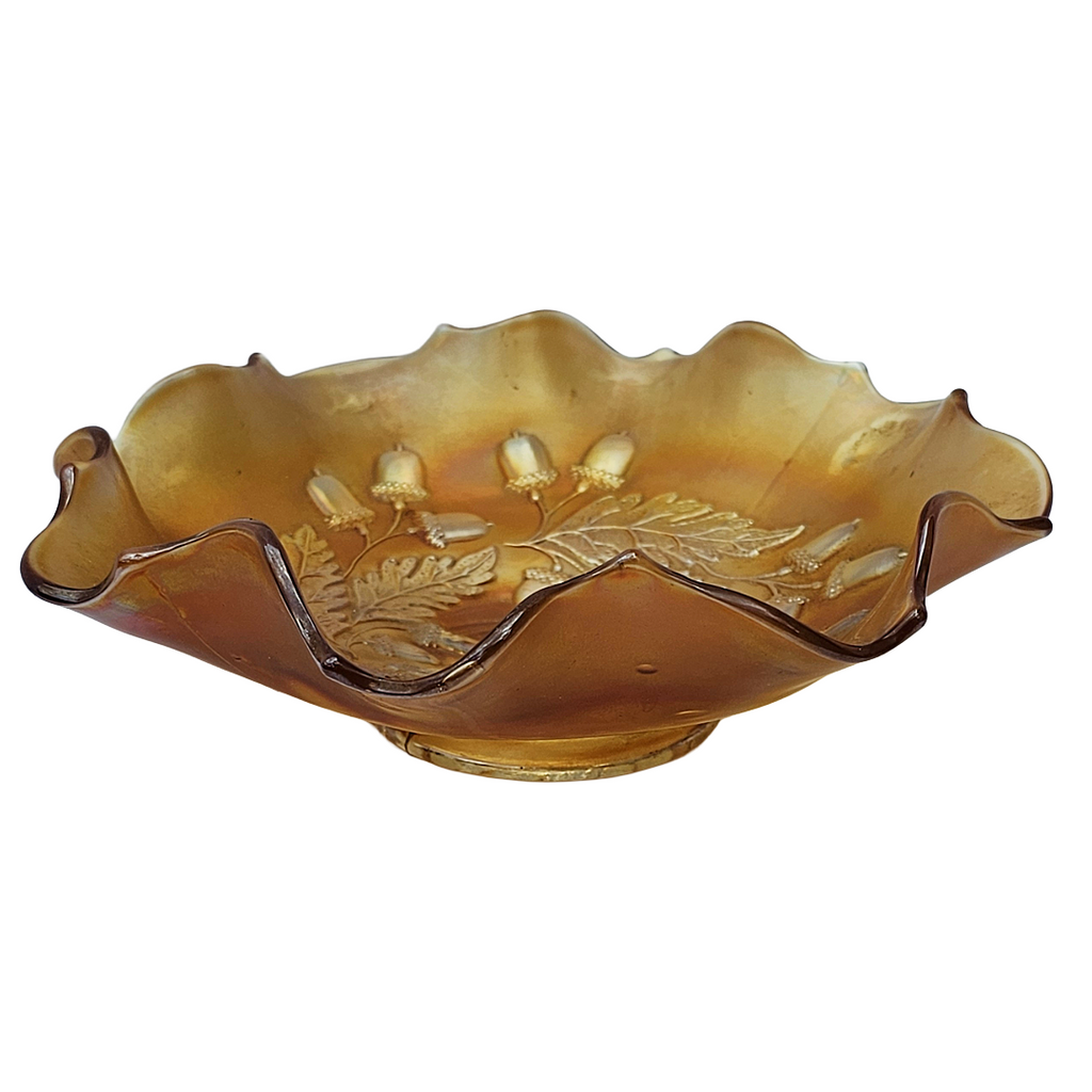 Antique Fenton Marigold Carnival Glass Bowl | 1920s Acorn and Oak Leaves Pattern Ruffle Dish