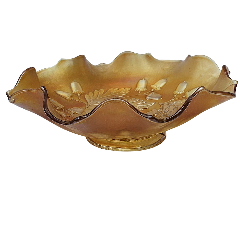 Antique Fenton Marigold Carnival Glass Bowl | 1920s Acorn and Oak Leaves Pattern Ruffle Dish