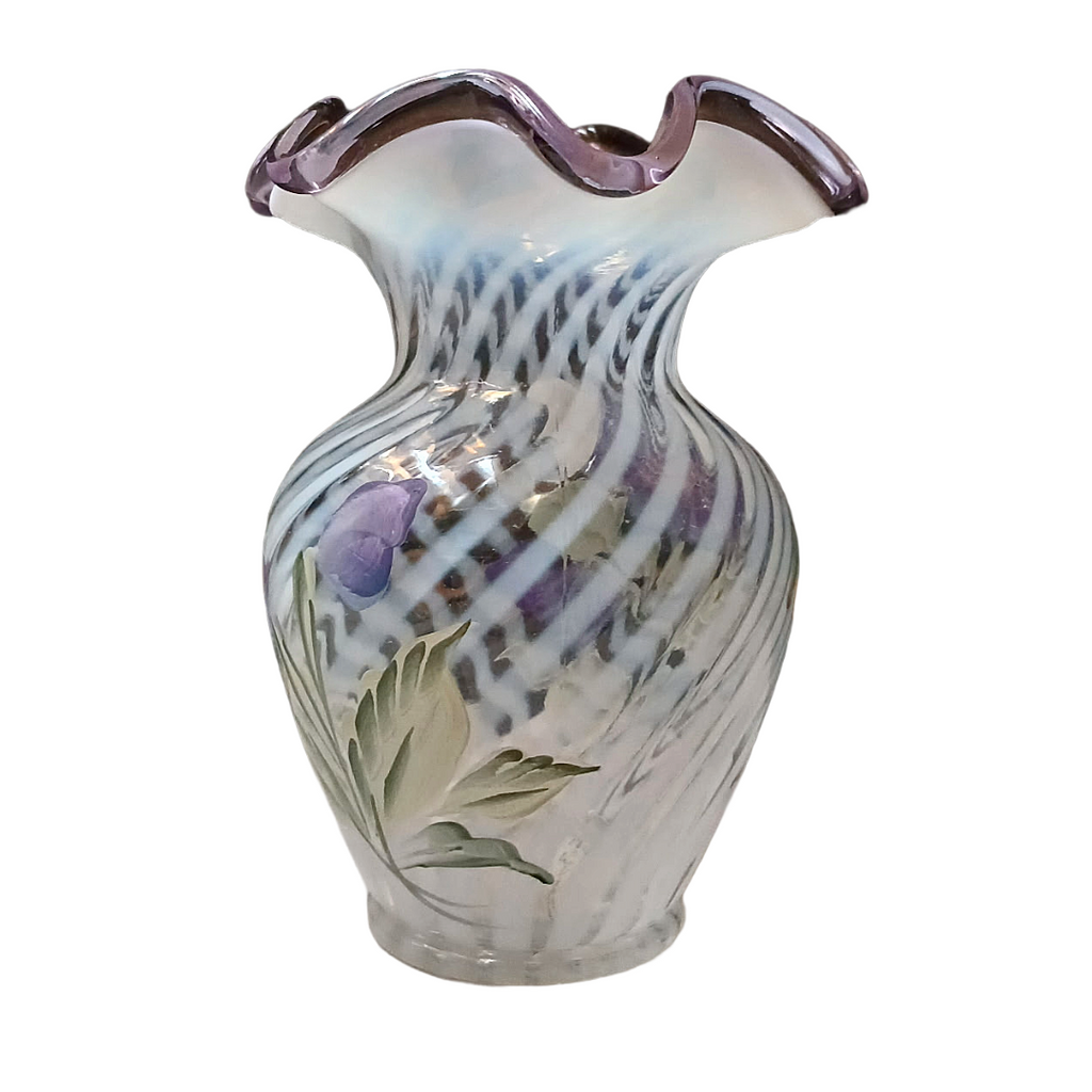 Vintage Fenton Hand-Painted Spiral Optic Glass Vase – Signed K. Lupardus, 6"