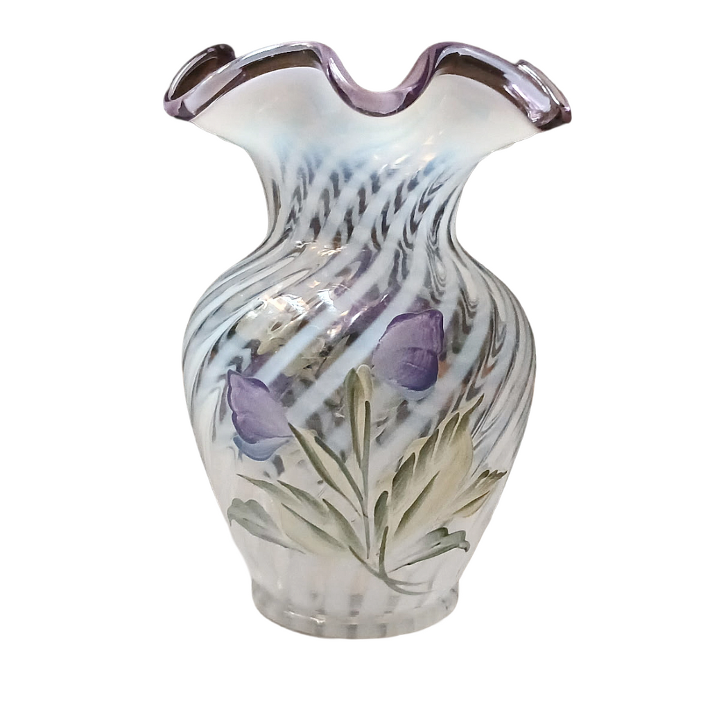 Vintage Fenton Hand-Painted Spiral Optic Glass Vase – Signed K. Lupardus, 6"