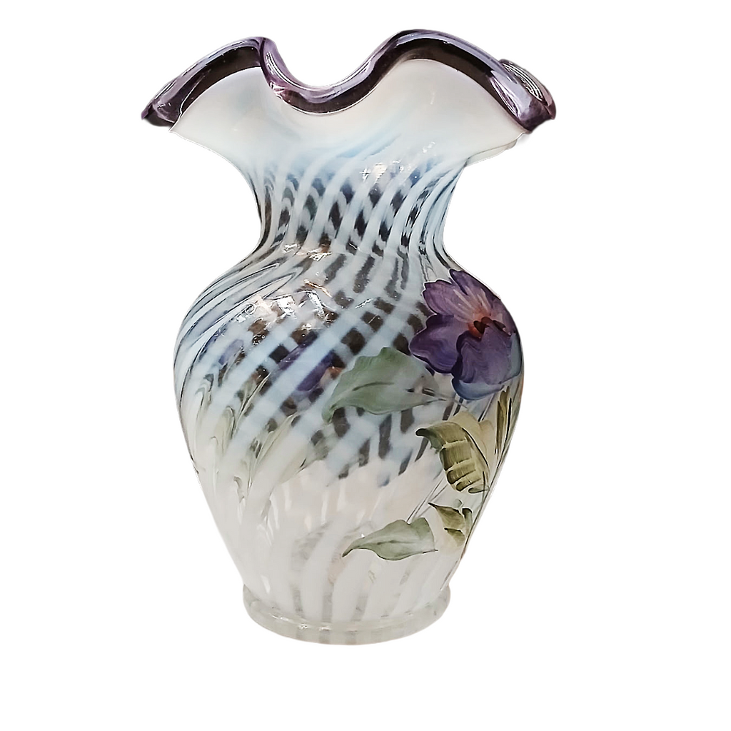 Vintage Fenton Hand-Painted Spiral Optic Glass Vase – Signed K. Lupardus, 6"