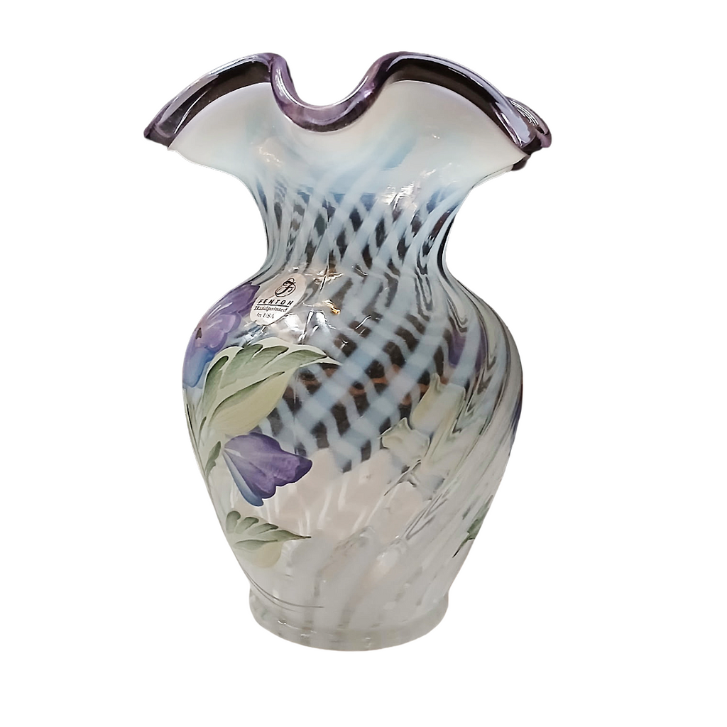 Vintage Fenton Hand-Painted Spiral Optic Glass Vase – Signed K. Lupardus, 6"