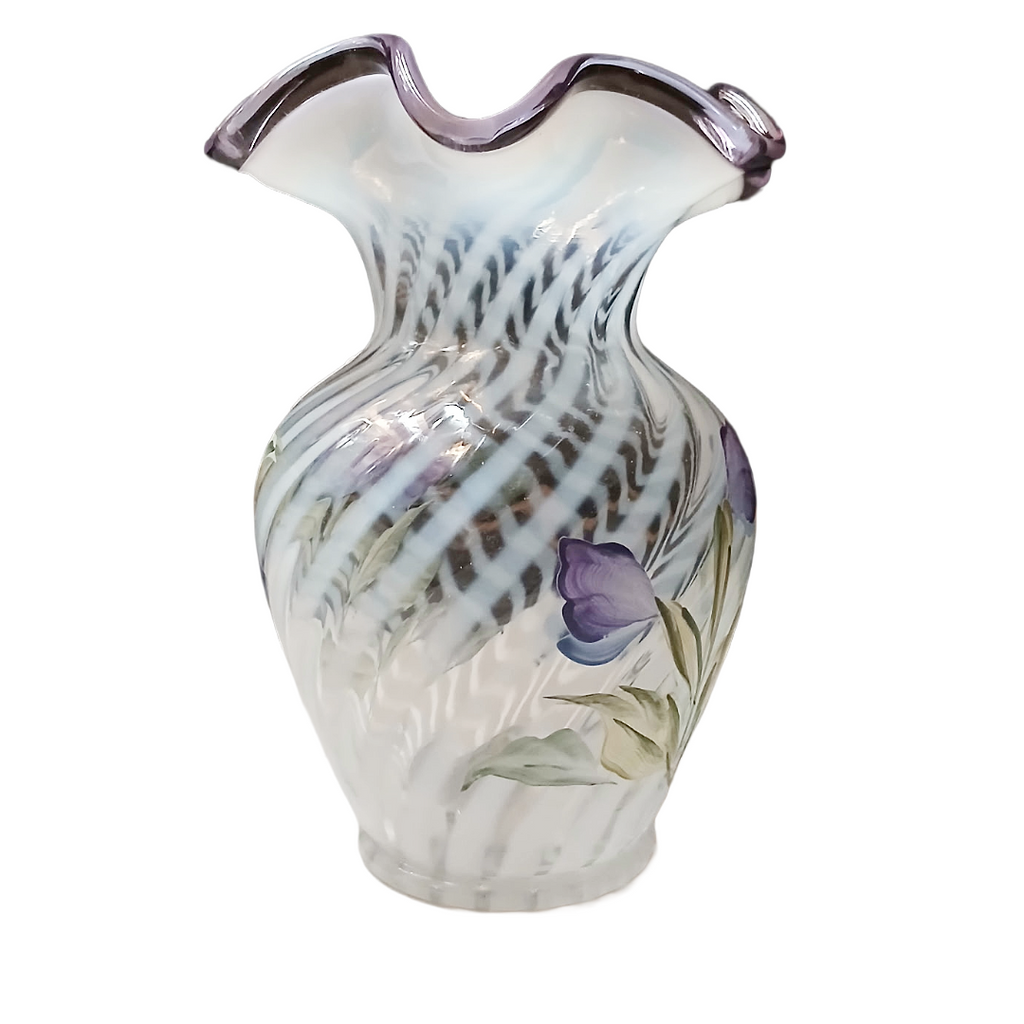 Vintage Fenton Hand-Painted Spiral Optic Glass Vase – Signed K. Lupardus, 6"