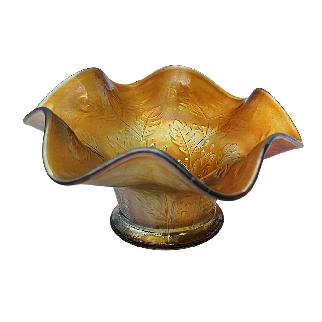 Antique Fenton Marigold Carnival Glass Holly Ruffled Hat Bowl