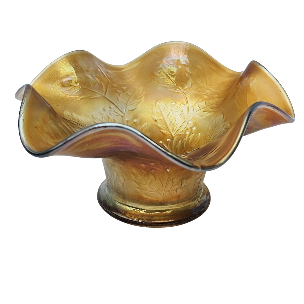 Antique Fenton Marigold Carnival Glass Holly Ruffled Hat Bowl